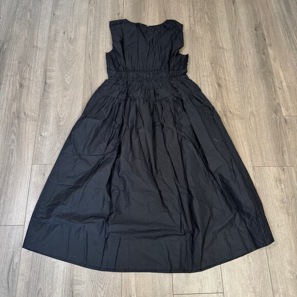 J.Crew Hyacinth Midi Dress WMNS L Black A-Line Smocked Sleeveless Cotton Poplin - Picture 6 of 8